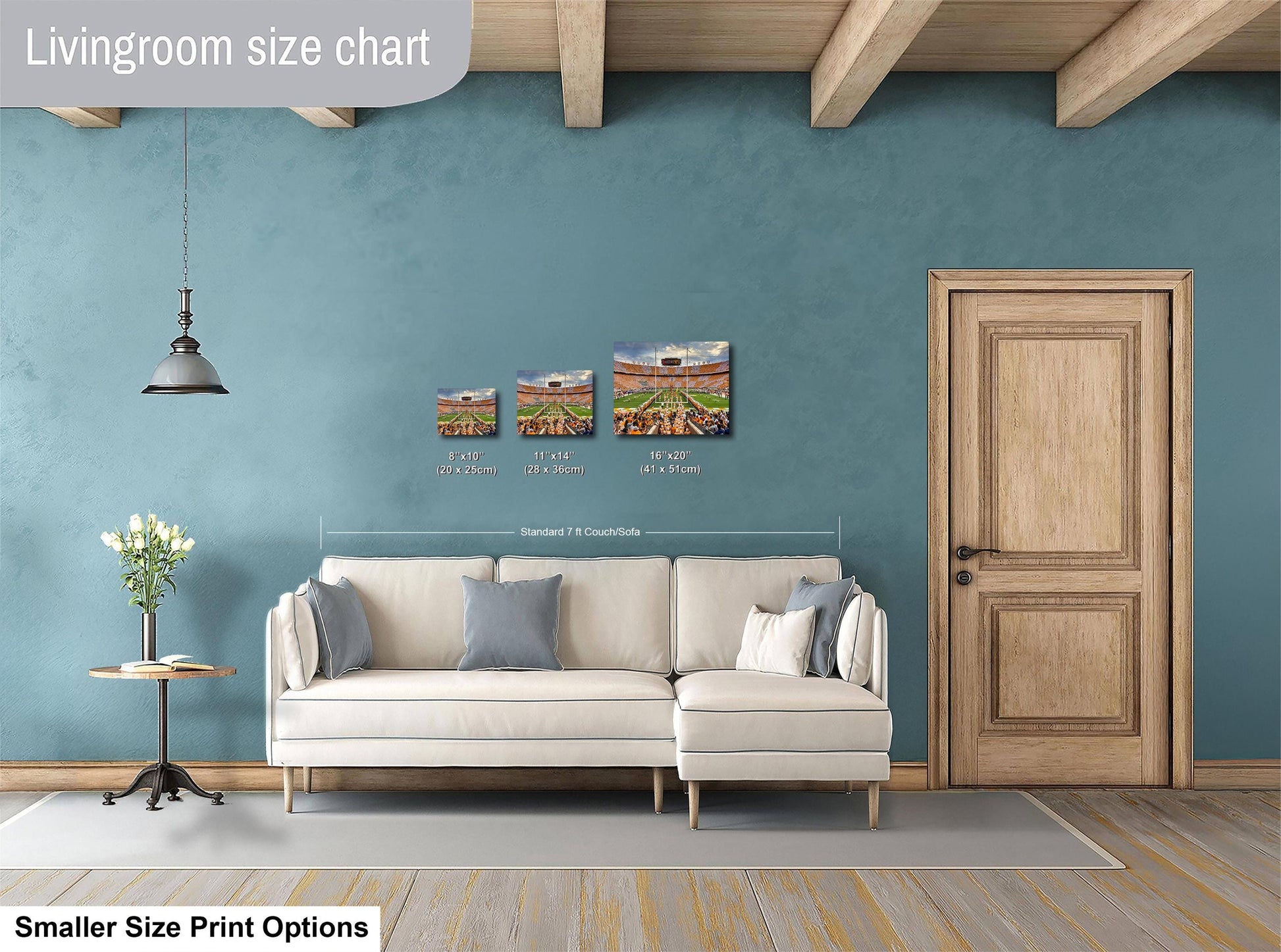 a living room with a white sofa, a wooden door, and a hanging light fixture. There is a size chart on the wall displaying the dimensions of the sofa and the door.