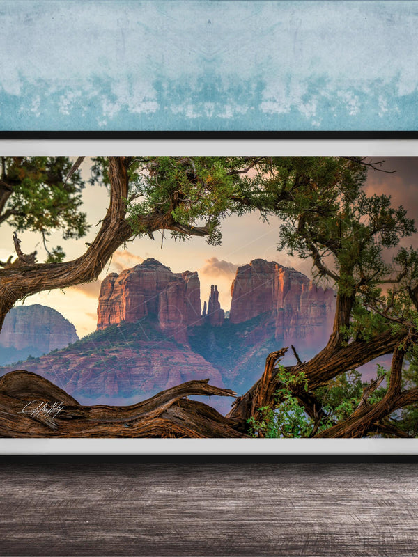 a scenic view of a mountain range with a large rock formation in the center, surrounded by lush greenery and a tree branch framing the scene.