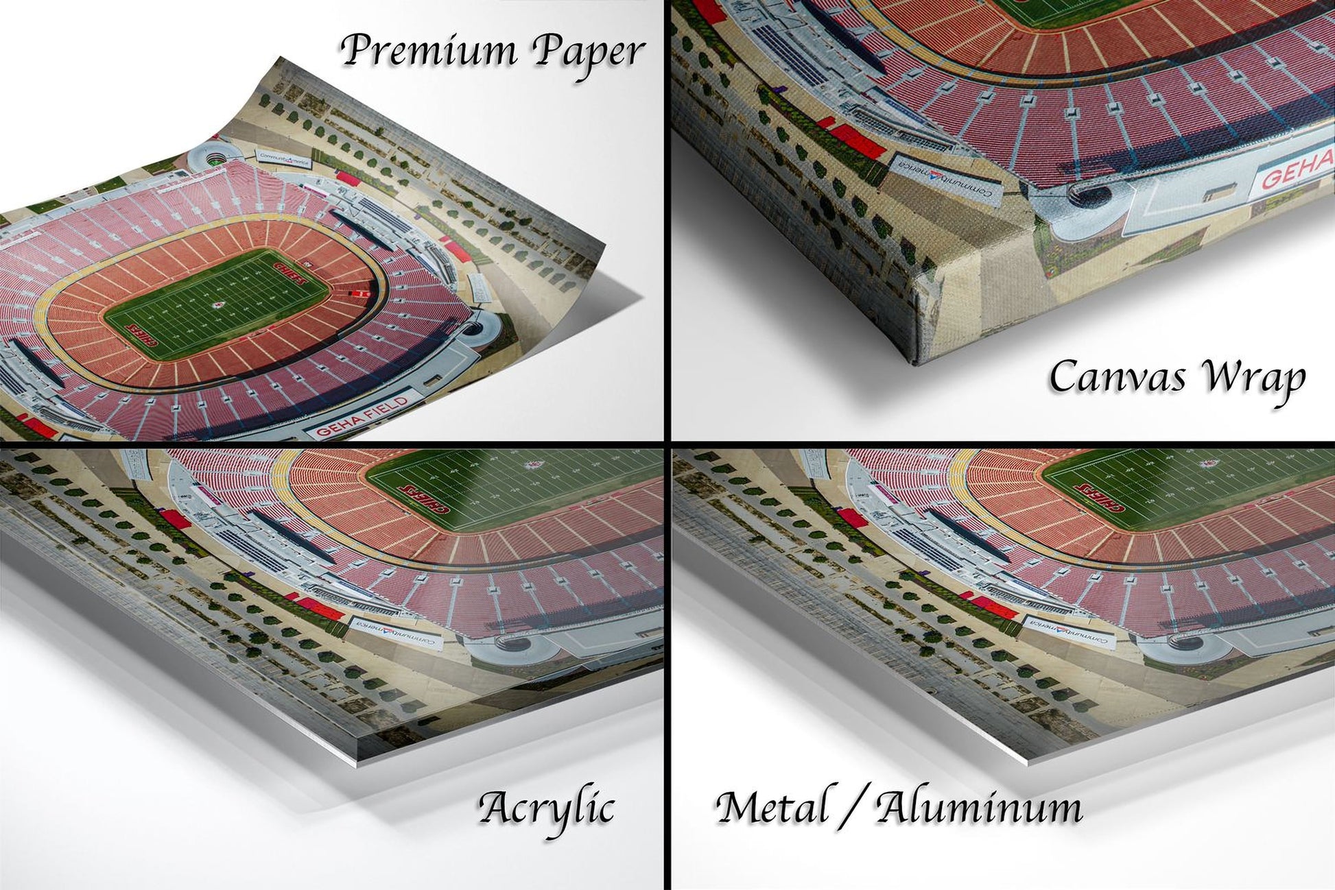 The image is a collage of four different views of a football stadium, including a close-up of the field, a top-down view of the stadium, a side view, and a bottom-up view.