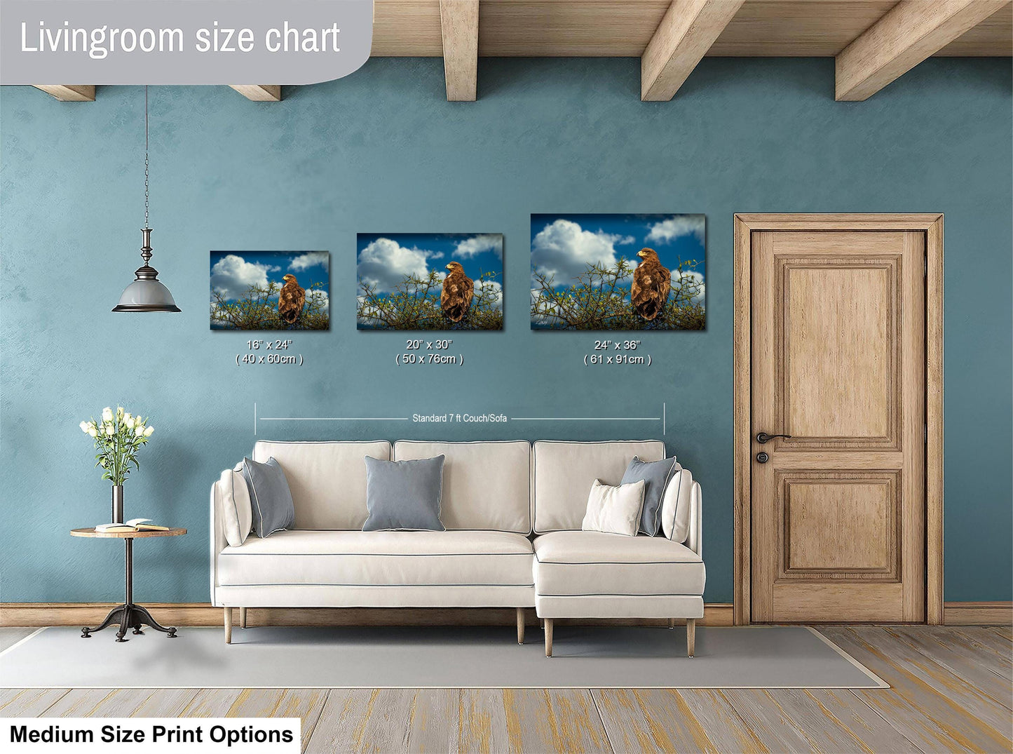 a living room with a white sofa and a wooden door. Above the sofa, there is a livingroom size chart that provides the dimensions of three framed prints of a lion in the wild. The chart indicates that the largest print is 24" x 36" and the smallest print is 18" x 24" and the medium print is 21" x 36".