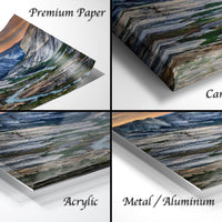 The image is a collage of four different types of printed materials, including a premium paper, a canvas wrap, an acrylic, and a metal/aluminum.