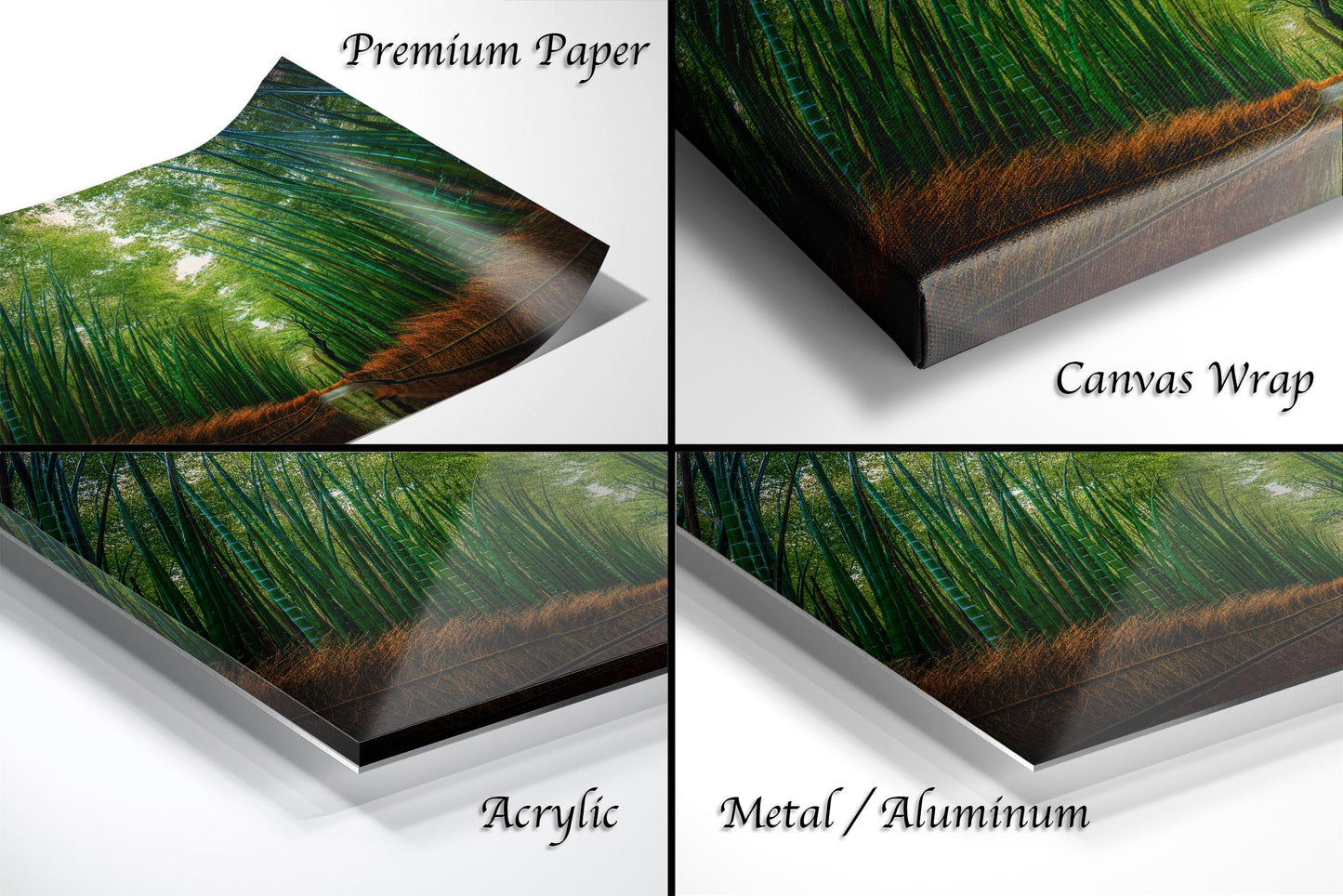 The image is a collage of four photos depicting different types of paper used for printing, including premium paper, canvas wrap, acrylic, and metal/aluminum.