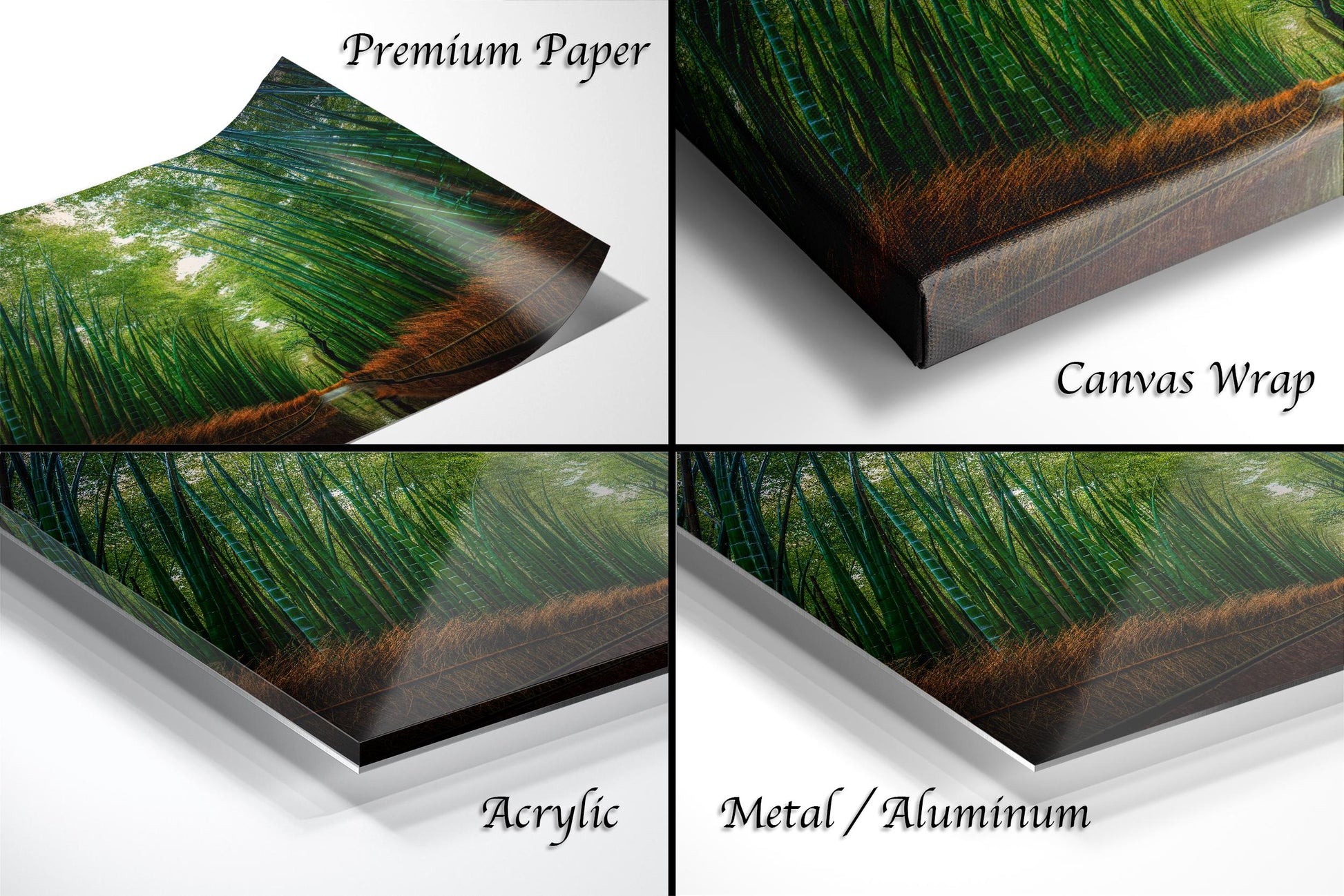 The image is a collage of four photos depicting different types of paper used for printing, including premium paper, canvas wrap, acrylic, and metal/aluminum.