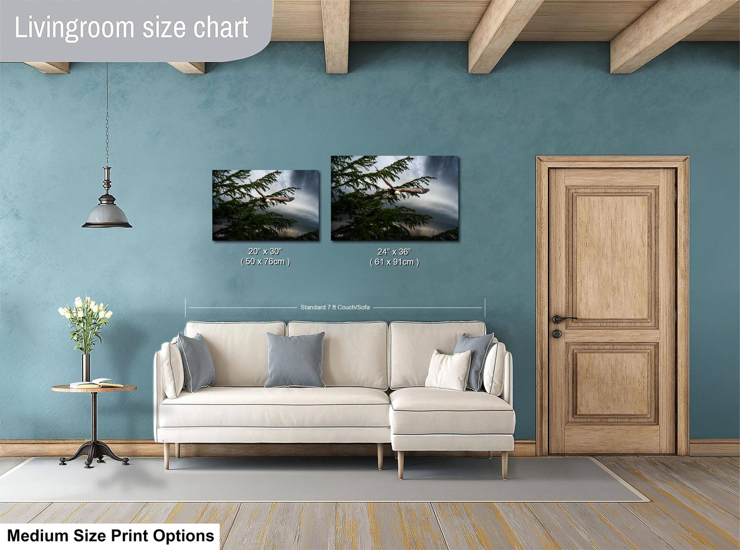 a living room with a white sofa, a wooden door, and a hanging light fixture. There are two framed landscape photographs hanging on the wall, one depicting a tree and the other showing a sky with clouds. The wall is painted in a light blue color, and the floor is covered with a gray rug.