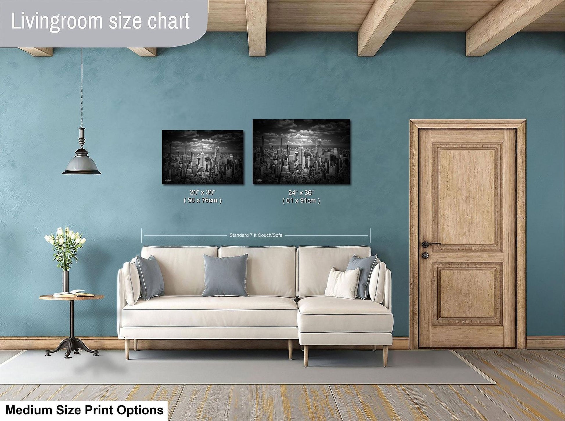 a living room with a white sofa, a wooden door, and a painting of a cityscape on the wall. The living room appears to be modern and well-decorated.