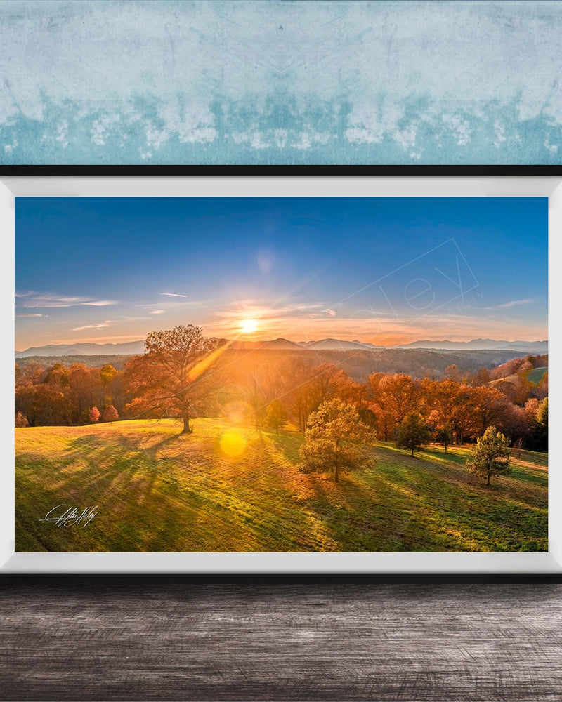 The image is a framed photograph depicting a scenic landscape with a sunset over a field of trees.
