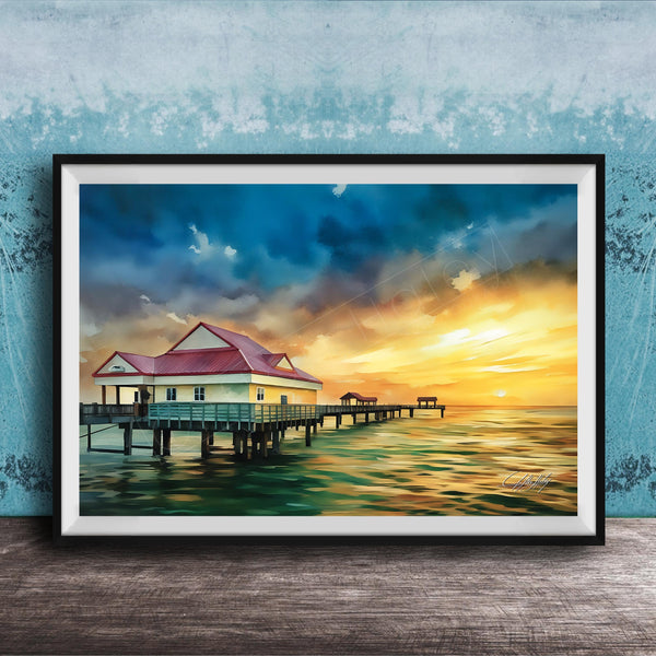 A framed painting depicting a serene scene of a wooden pier extending into a calm body of water, with a building and a sunset in the background.
