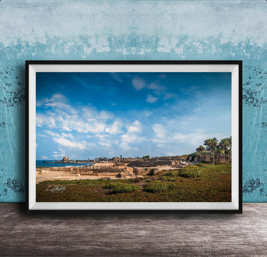 The image is a framed photograph of a beach with palm trees and a castle in the distance, set against a blue sky with white clouds.