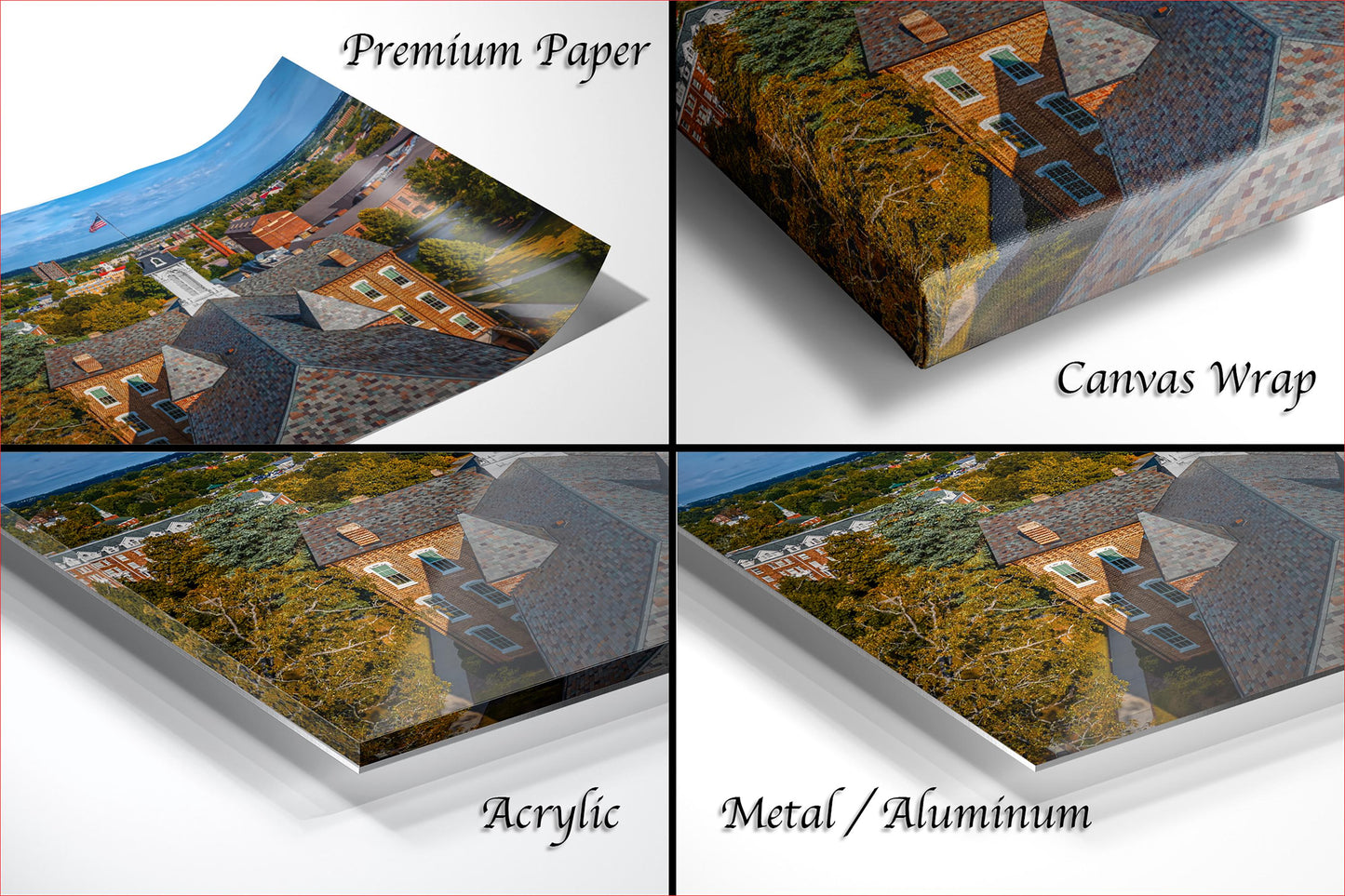 The image is a collage of four different images, each depicting a house with a unique roof design. The images are labeled as "Premium Paper", "Canvas Wrap", "Acrylic", and "Metal/Aluminum".