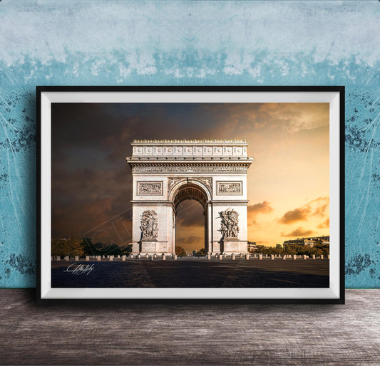 a large, ornate archway with intricate carvings and statues, set against a dramatic sky with clouds and warm colors.