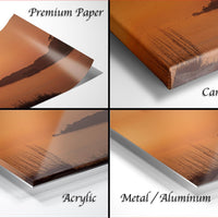 The image is a collage of four different materials used for creating artwork, including premium paper, canvas wrap, acrylic, and metal/aluminum.