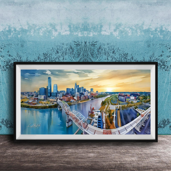 A framed painting depicting a cityscape with a bridge, buildings, and a river, set against a blue sky with a sunset.