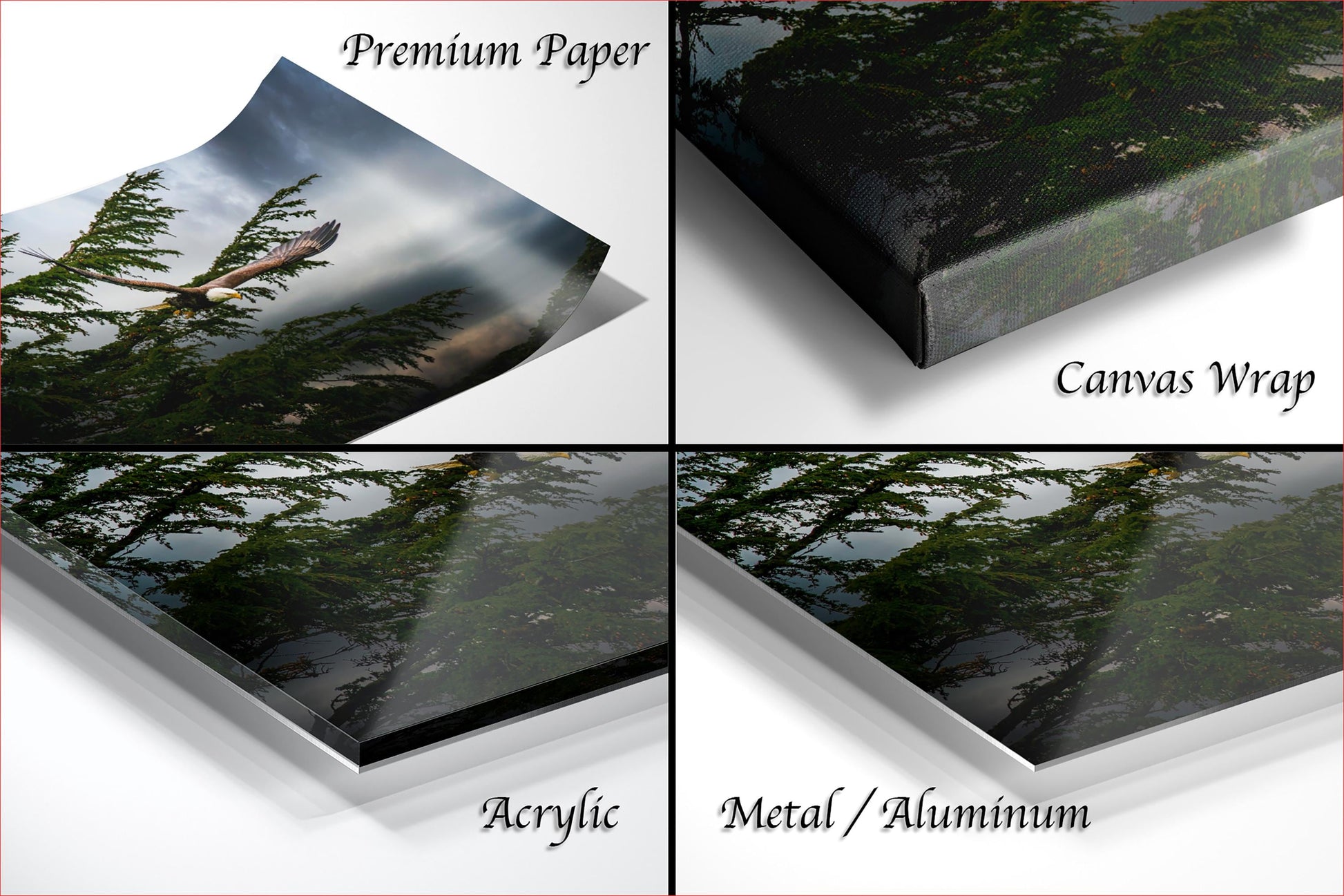 The image is a collage of four photos depicting different types of paper used for printing, including premium paper, canvas wrap, acrylic, and metal/aluminum.