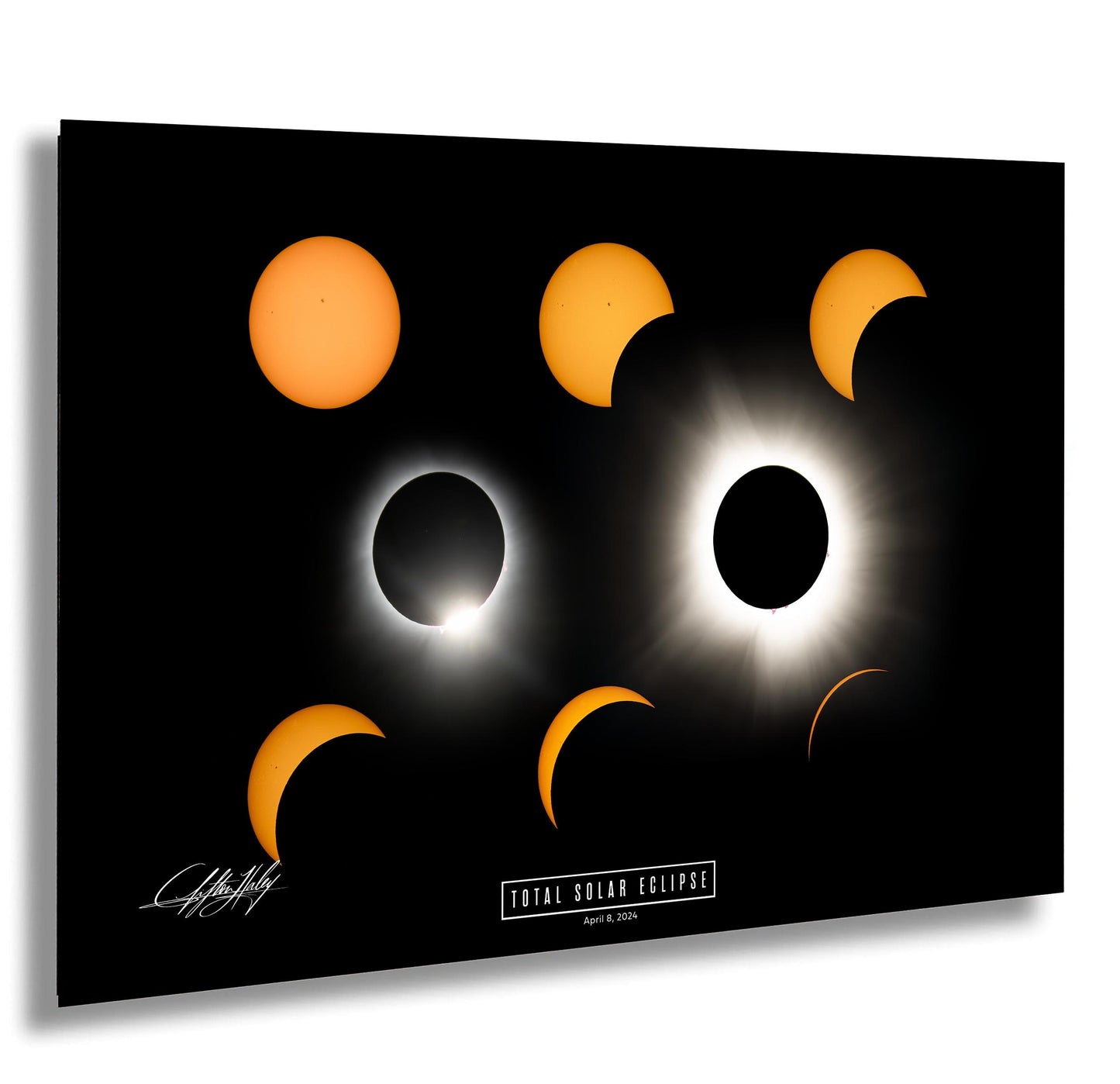 The image is a collage of various stages of a total solar eclipse, depicting the moon's shadow and the sun's corona.