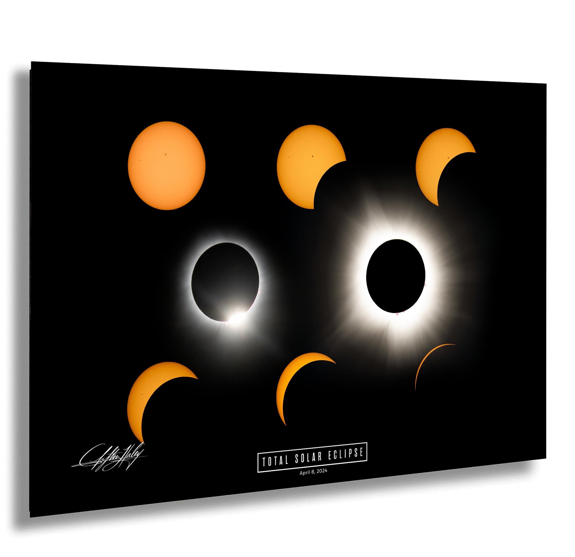 The image is a collage of various stages of a total solar eclipse, depicting the moon's shadow and the sun's corona.
