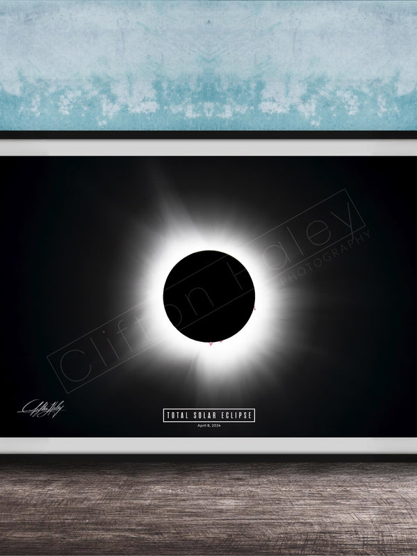 The image is a framed poster depicting a total solar eclipse, with a black background and a bright white solar disk in the center.
