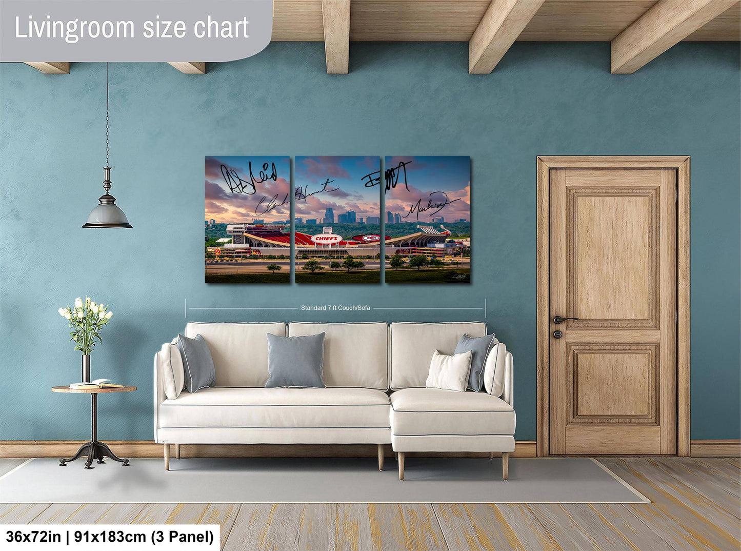 The image is a living room with a large wall art depicting a stadium scene. The wall art is a collage of three panels, each with a different perspective of the stadium. The living room has a white sofa and a wooden door, and there is a potted plant and a vase on a table. The wall art is approximately 36 inches wide and 91 inches tall, and it is mounted on a blue wall.