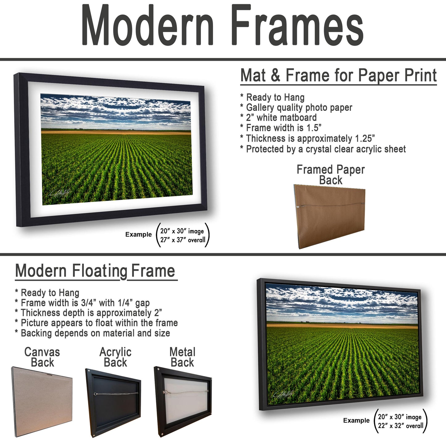 The image is a collage of three framed pictures, each depicting a different landscape. The first frame shows a field of crops, the second frame features a field of flowers, and the third frame depicts a field of grass. The frames are designed to hang on a wall, with the mat and frame for paper print and the modern floating frame for canvas.