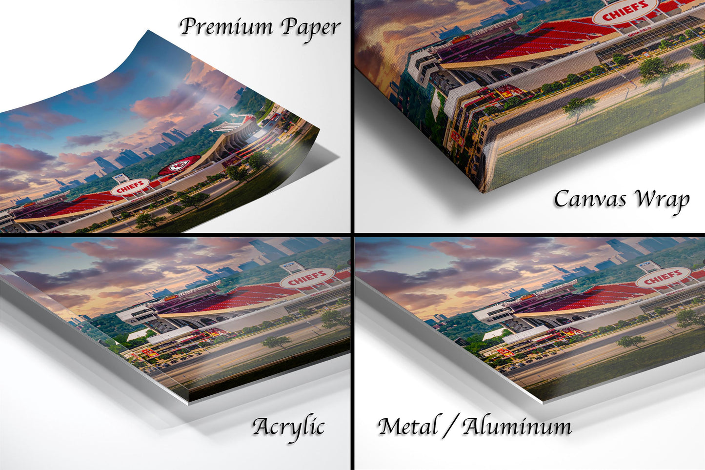 The image is a collage of four different views of a football stadium, with each view labeled as "Premium Paper", "Canvas Wrap", "Acrylic", and "Metal/Aluminum".