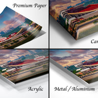 The image is a collage of four different views of a football stadium, with each view labeled as "Premium Paper", "Canvas Wrap", "Acrylic", and "Metal/Aluminum".