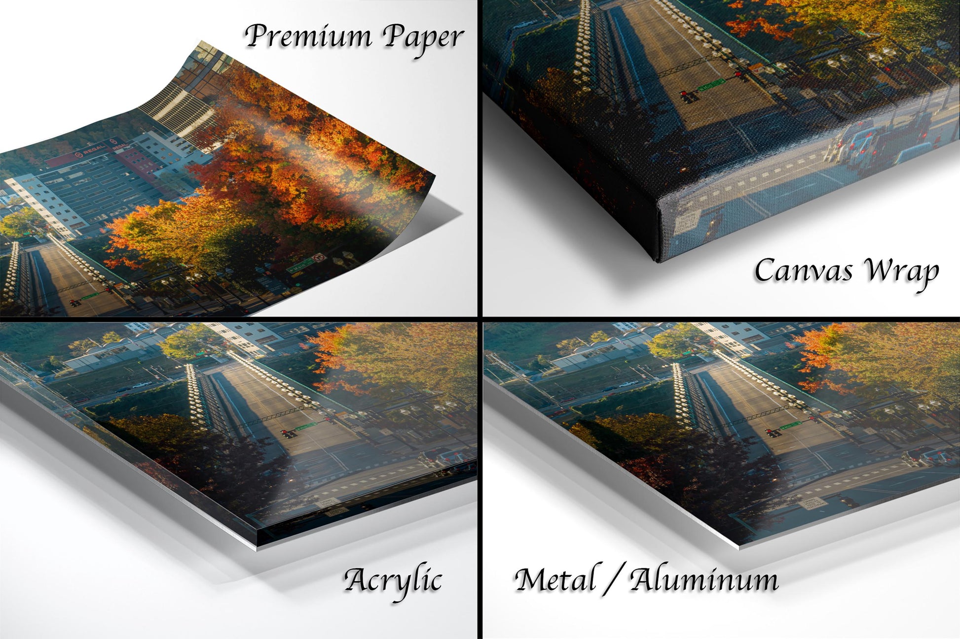 The image is a collage of four different views of a cityscape, each with a distinct texture and finish. The top left image is a "Premium Paper" print, the top right image is a "Canvas Wrap" print, the bottom left image is an "Acrylic" print, and the bottom right image is a "Metal/Aluminum" print.