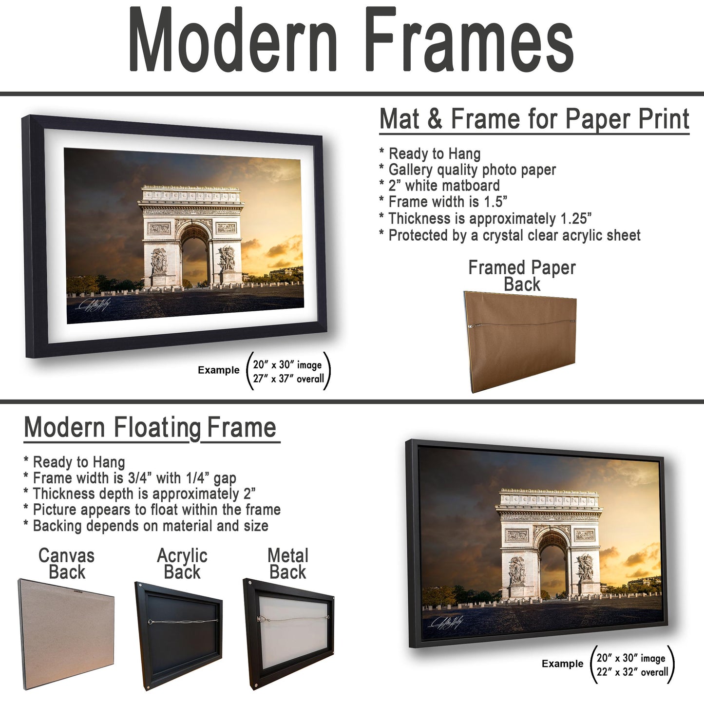 The image is a collage of two framed pictures, one of the Arc de Triomphe and the other of a modern floating frame. The text provides information about the frames, including their sizes, materials, and the type of paper they are printed on.