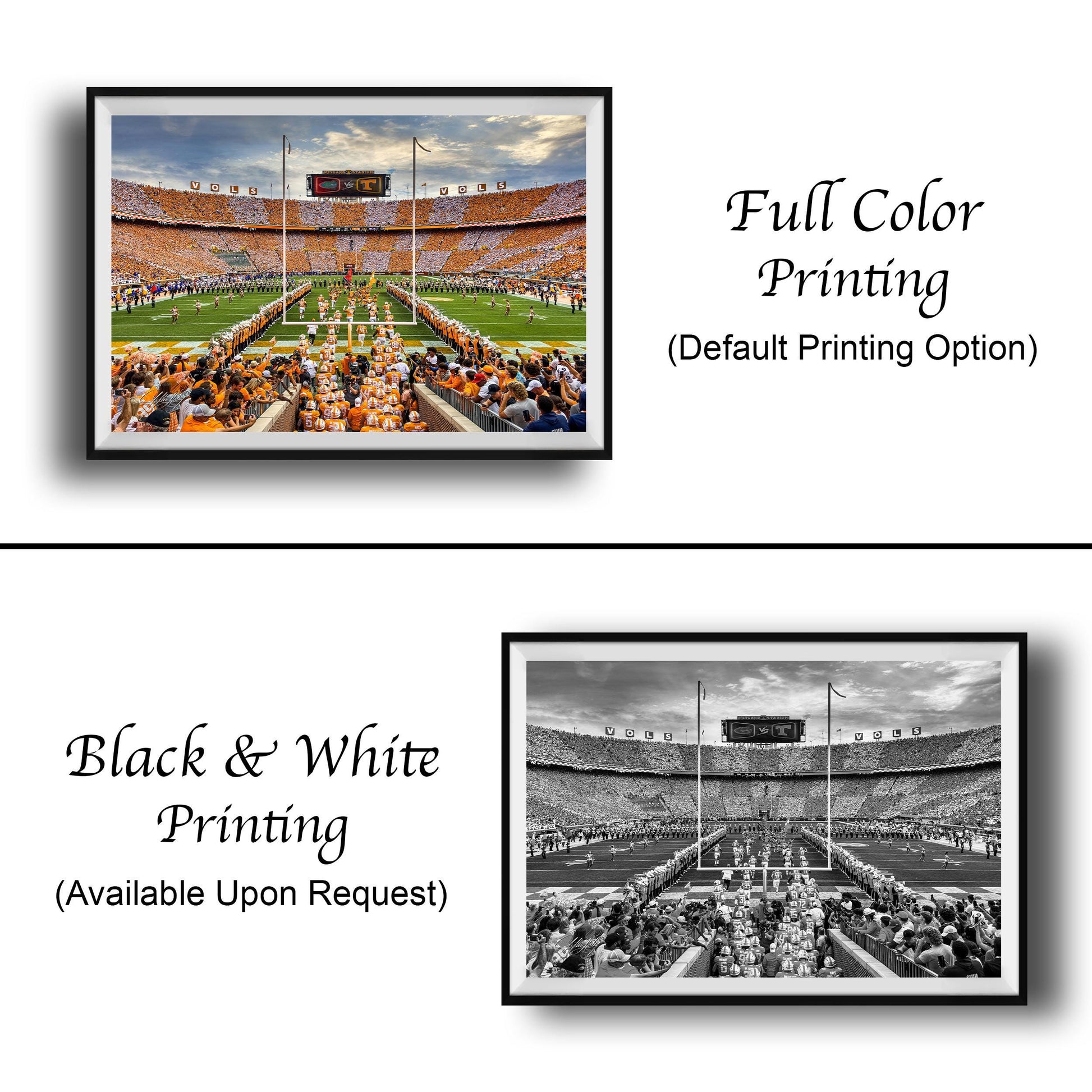 The image is a collage of two framed pictures, one in black and white and the other in full color. The black and white picture shows a stadium filled with spectators, while the full color picture depicts a football game in progress. Both images are labeled as "Full Color Printing" and "Black & White Printing" and are available upon request.