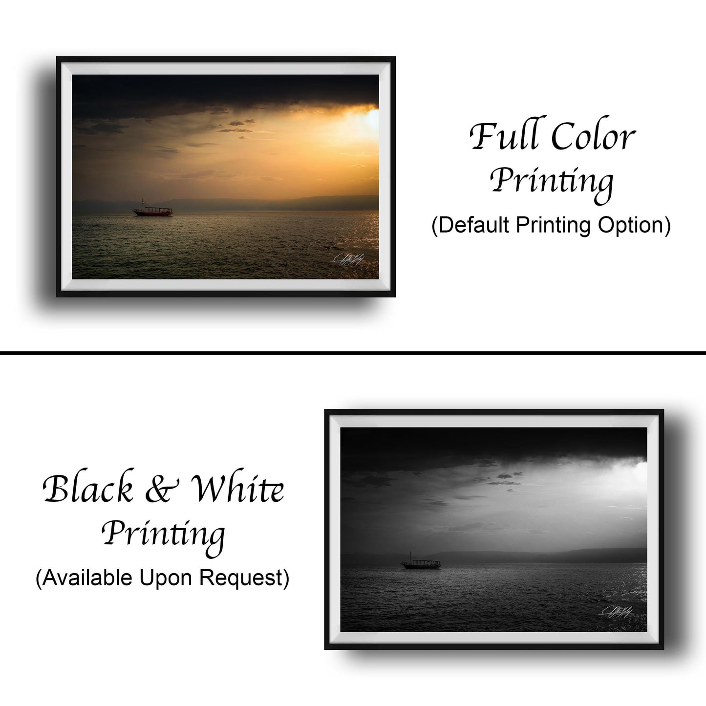 The image is a collage of two framed pictures. The top picture is a black and white photograph of a boat on the water, while the bottom picture is a full color photograph of the same boat. The bottom picture also includes a caption that reads "Full Color Printing (Default Printing Option)".