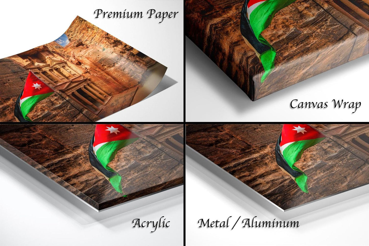The image is a collage of four different views of a flag, including a close-up of the flag on a canvas wrap, a close-up of the flag on a metal or aluminum surface, and a close-up of the flag on a piece of paper.