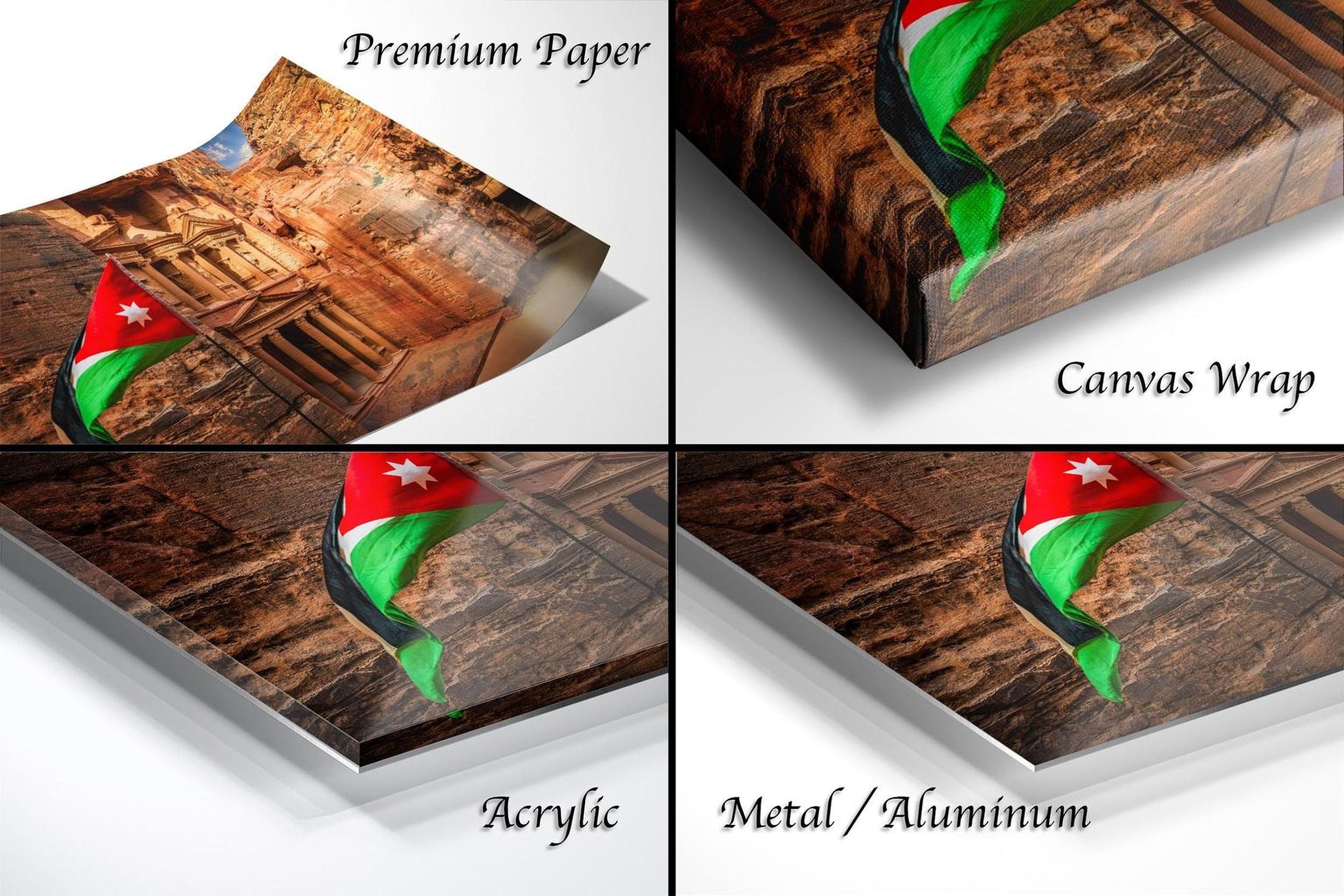 The image is a collage of four different views of a flag, including a close-up of the flag on a canvas wrap, a close-up of the flag on a metal or aluminum surface, and a close-up of the flag on a piece of paper.