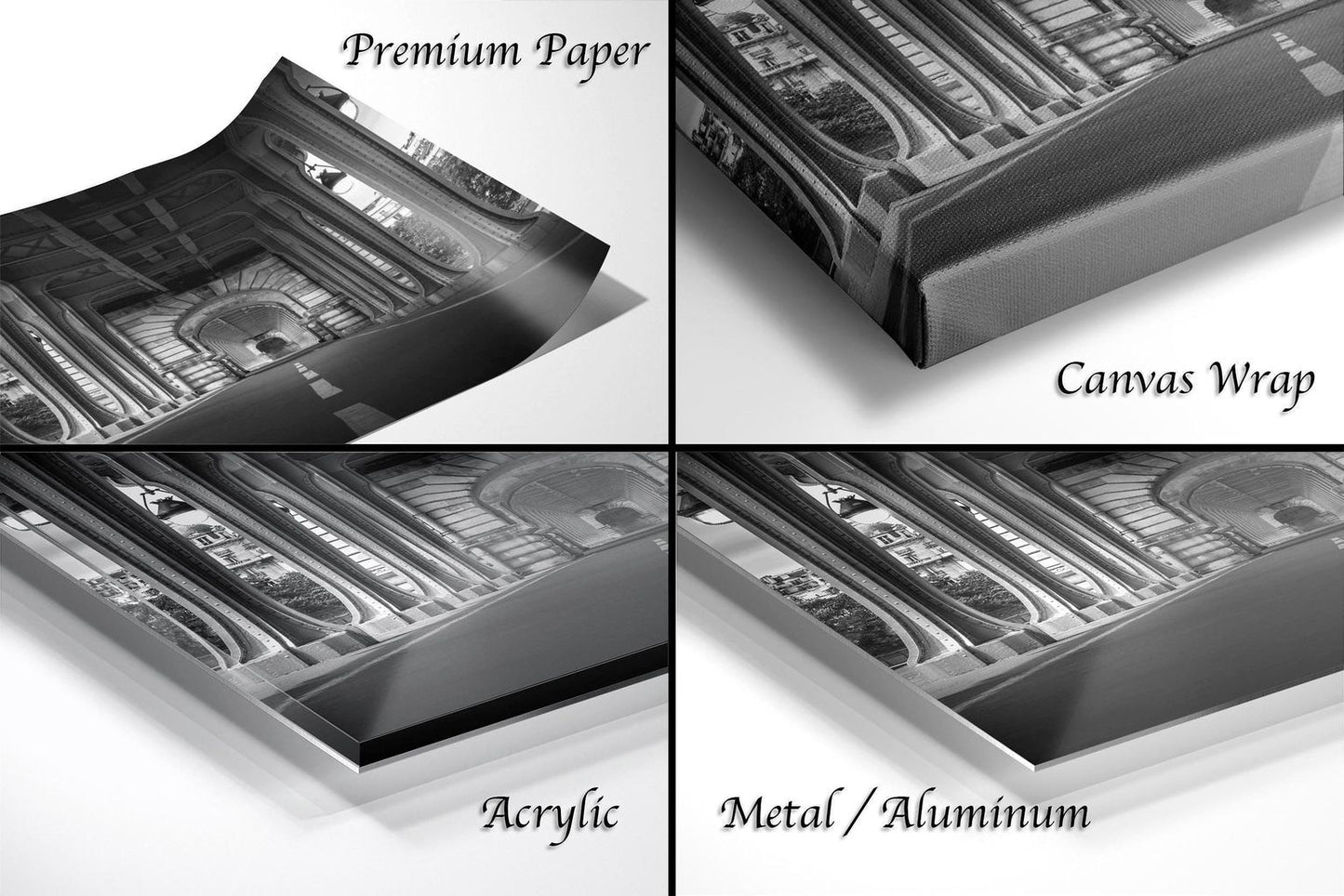 The image is a collage of four different types of materials used for framing or displaying artwork, including premium paper, canvas wrap, acrylic, and metal/aluminum.