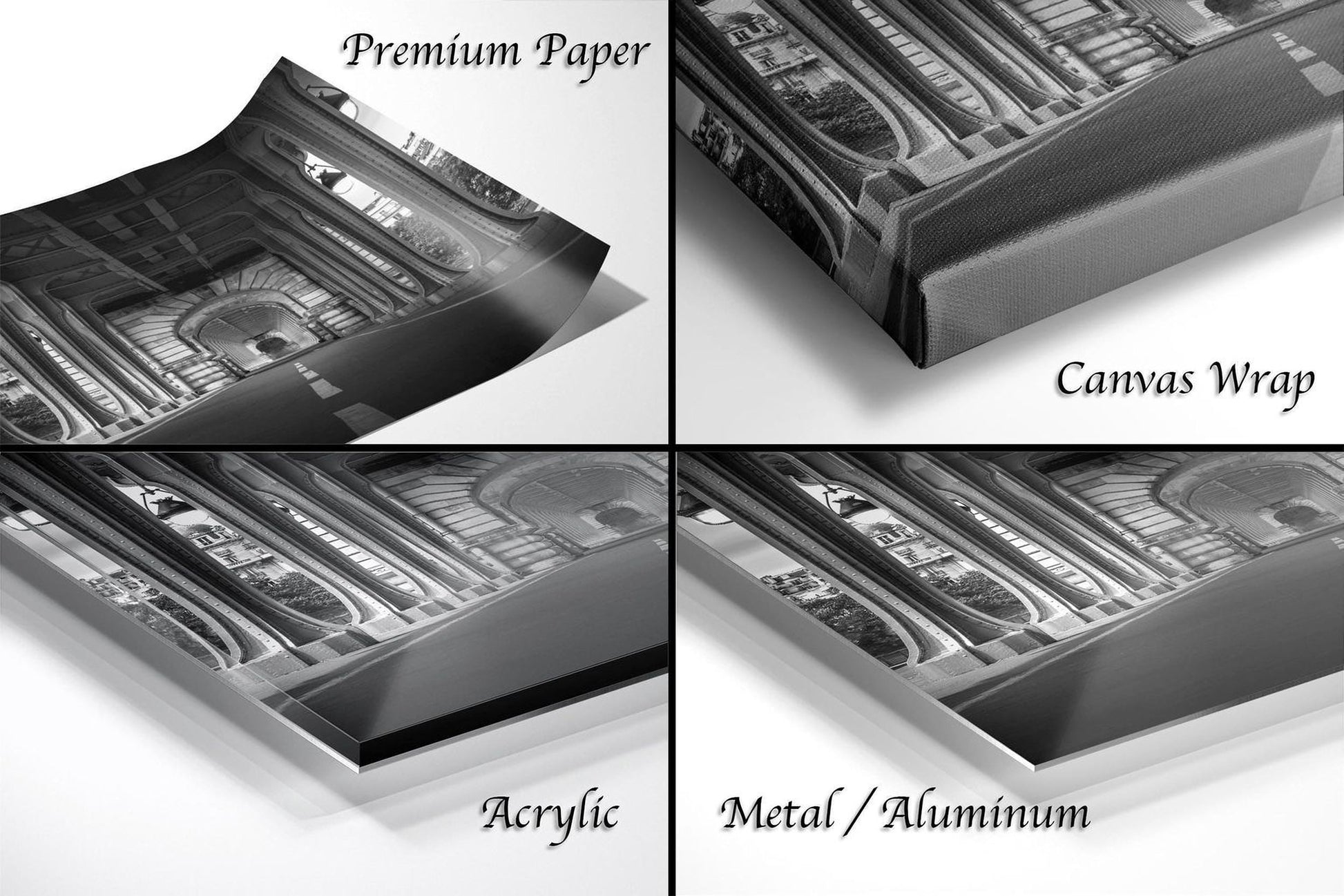 The image is a collage of four different types of materials used for framing or displaying artwork, including premium paper, canvas wrap, acrylic, and metal/aluminum.