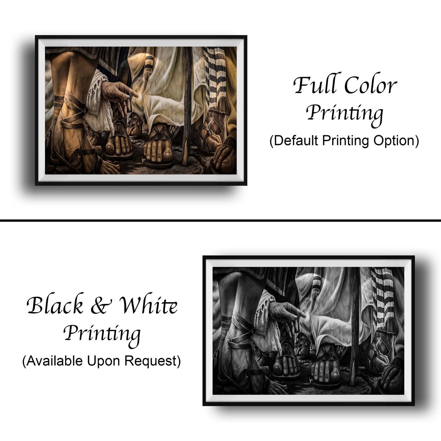 The image is a collage of two framed pictures, one in black and white and the other in color. The black and white picture shows a person's hands and feet, while the color picture depicts the same scene in a more vibrant and detailed manner. Both pictures are labeled as "Full Color Printing" and "Black & White Printing" respectively, indicating the printing style of each image.