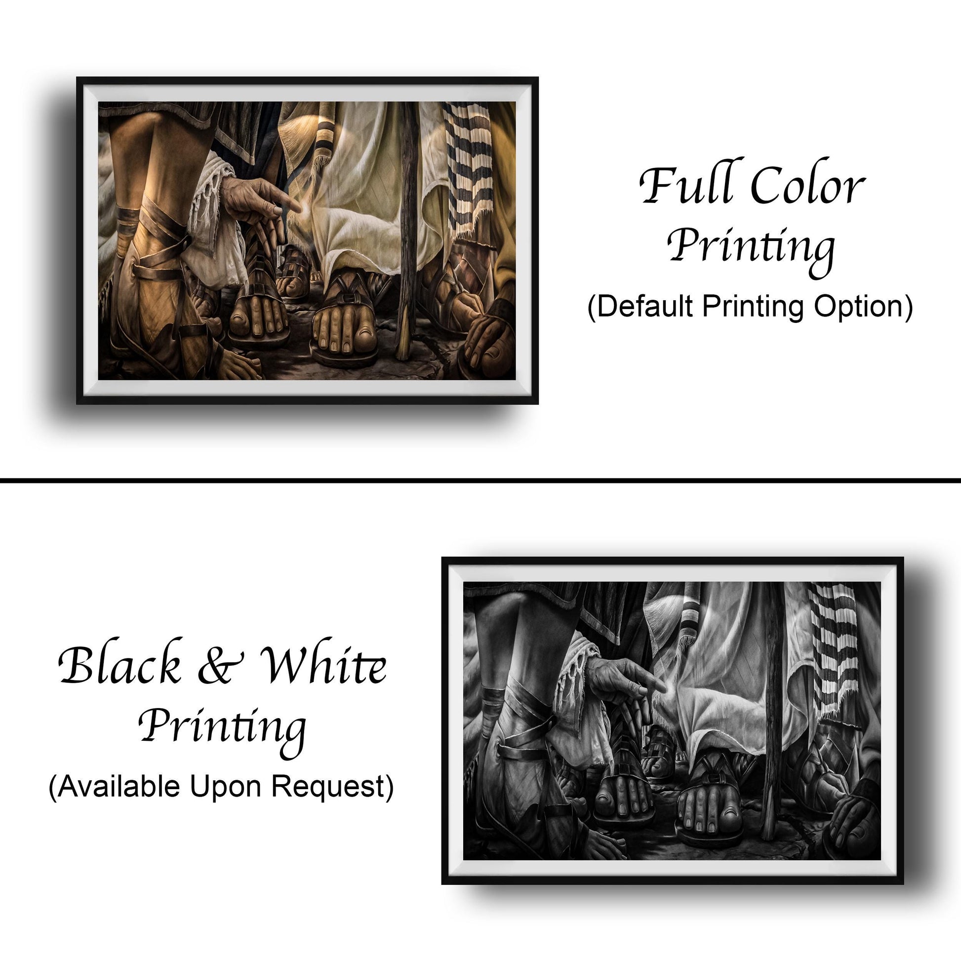 The image is a collage of two framed pictures, one in black and white and the other in color. The black and white picture shows a person's hands and feet, while the color picture depicts the same scene in a more vibrant and detailed manner. Both pictures are labeled as "Full Color Printing" and "Black & White Printing" respectively, indicating the printing style of each image.