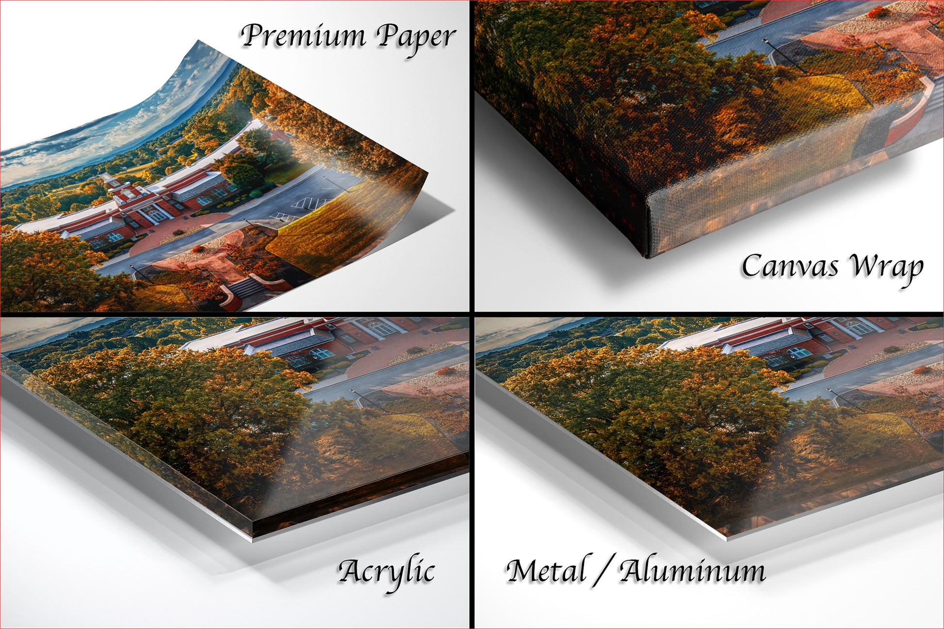 The image is a collage of four different views of a landscape, each with a different finish: "Premium Paper", "Canvas Wrap", "Acrylic", and "Metal/Aluminum".