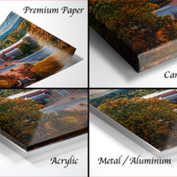 The image is a collage of four different views of a landscape, each with a different finish: "Premium Paper", "Canvas Wrap", "Acrylic", and "Metal/Aluminum".