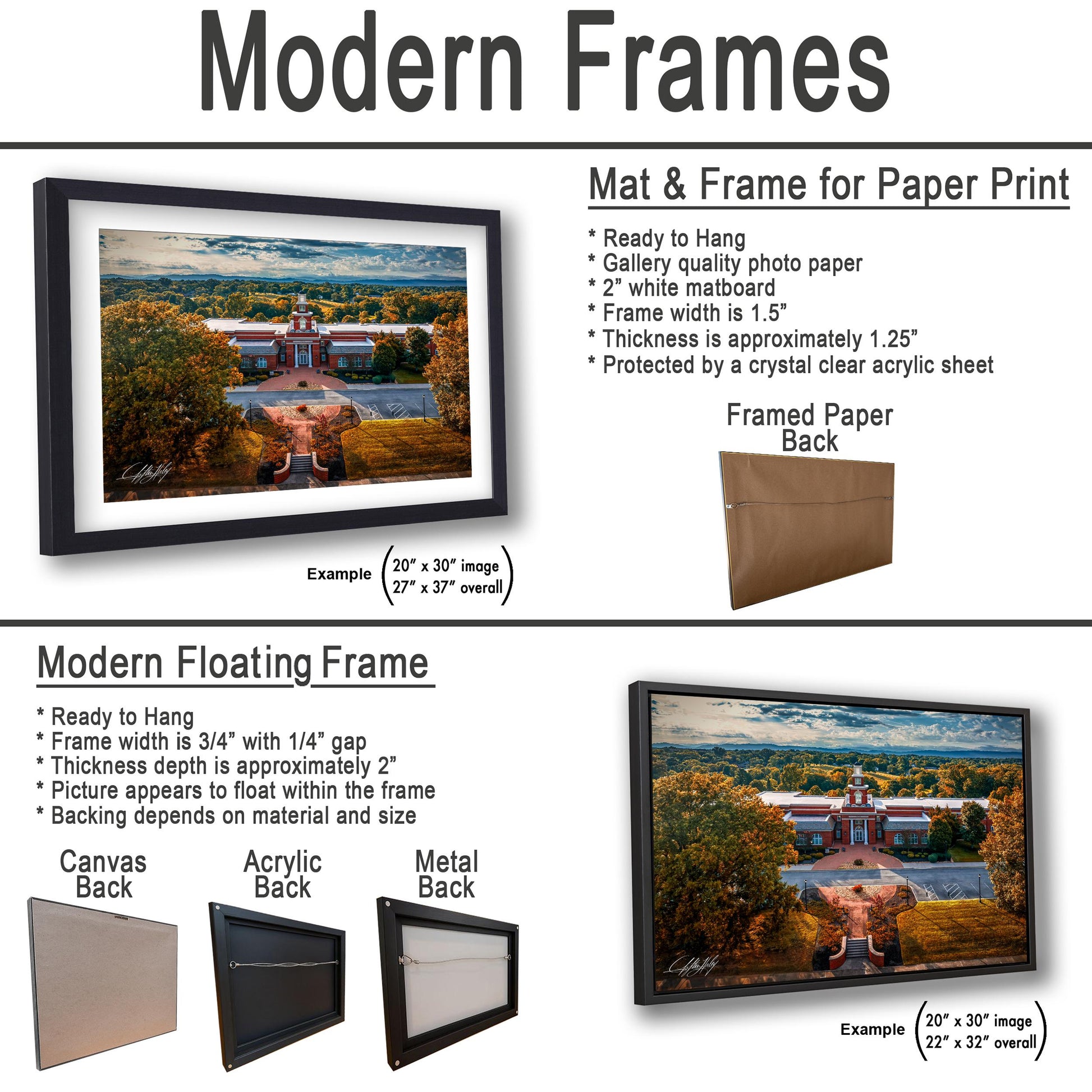 The image is a collage of two framed artworks, one of which is a mat and frame for a paper print, and the other is a modern floating frame.