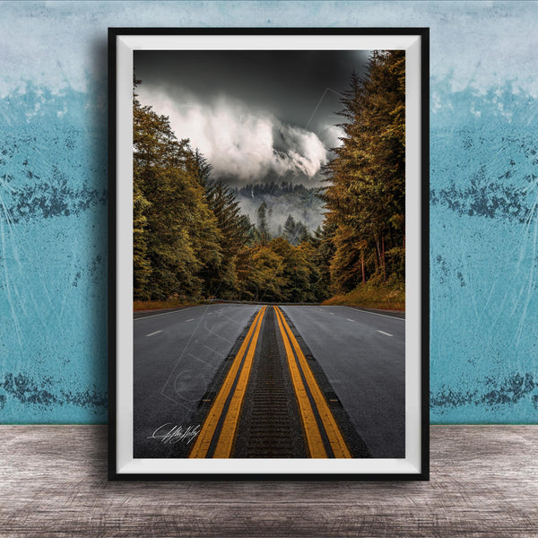 a winding road surrounded by lush green trees and a dramatic cloudy sky in the background.