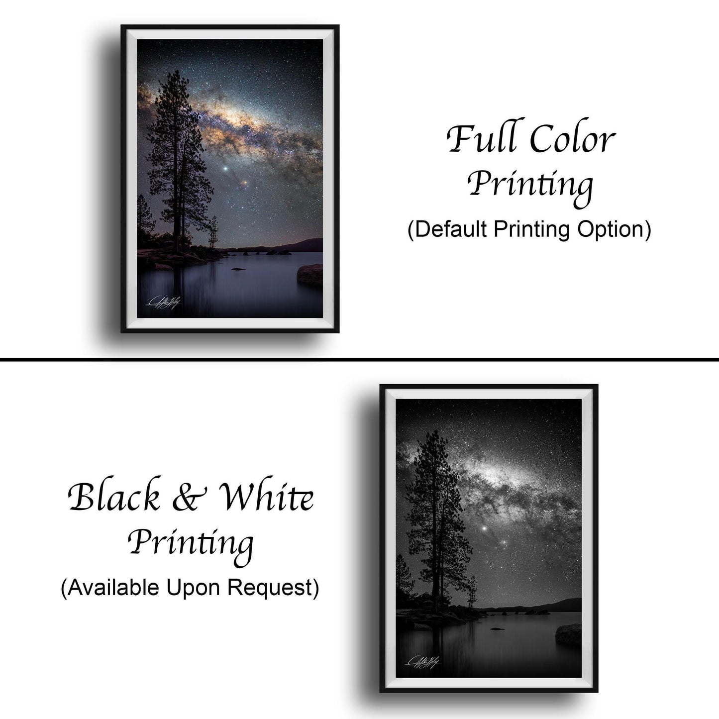 The image is a collage of two framed pictures, one in black and white and the other in full color. The black and white picture depicts a tree and a lake, while the full color picture shows a starry night sky over a lake. Both pictures are framed with a black border and are available upon request.