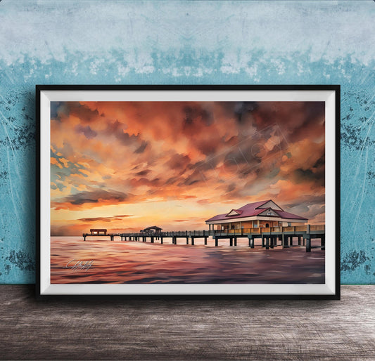 a serene scene of a wooden pier extending into a calm body of water, with a building on the pier and a vibrant sunset sky in the background.