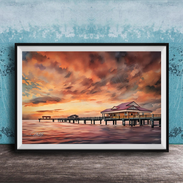 a serene scene of a wooden pier extending into a calm body of water, with a building on the pier and a vibrant sunset sky in the background.