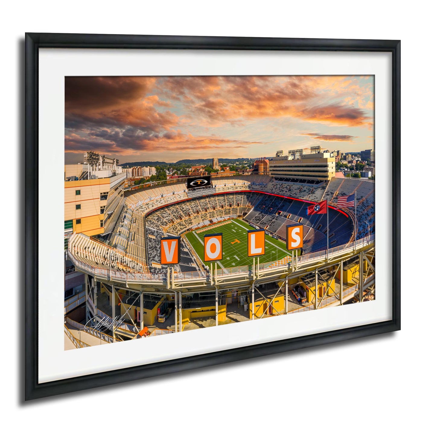 a large sports stadium with a field, surrounded by buildings and a cloudy sky in the background.