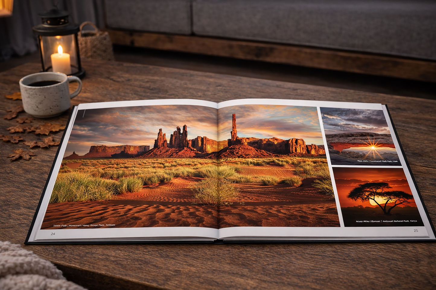 An open book displaying a collage of desert landscape photographs, including a desert canyon, a sunset, and a tree, with a candle and a mug of coffee on a wooden table in the background.