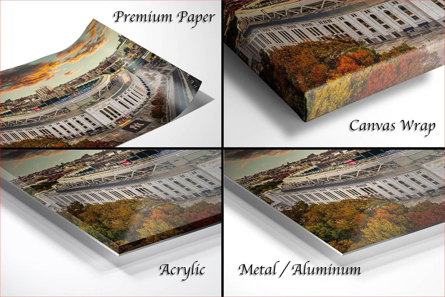 four different views of a stadium, each with a distinct perspective and angle. The text labels the images as "Premium Paper", "Canvas Wrap", "Acrylic", and "Metal/Aluminum".