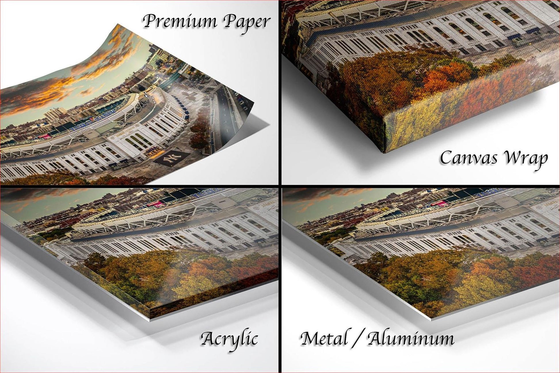 four different views of a stadium, each with a distinct perspective and angle. The text labels the images as "Premium Paper", "Canvas Wrap", "Acrylic", and "Metal/Aluminum".