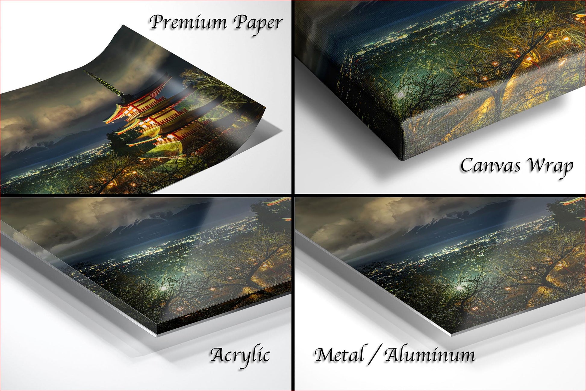 The image is a collage of four different views of a cityscape at night, with the city lights reflected on the surface below.