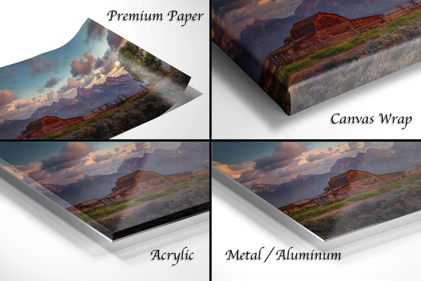 The image is a collage of four different views of a rustic mountain landscape, including a premium paper print, a canvas wrap, an acrylic print, and a metal/aluminum print.