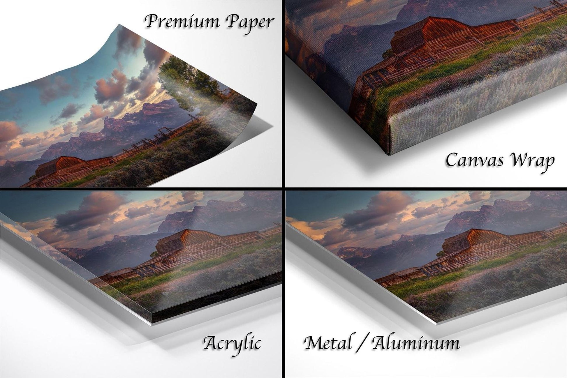 The image is a collage of four different views of a rustic mountain landscape, including a premium paper print, a canvas wrap, an acrylic print, and a metal/aluminum print.