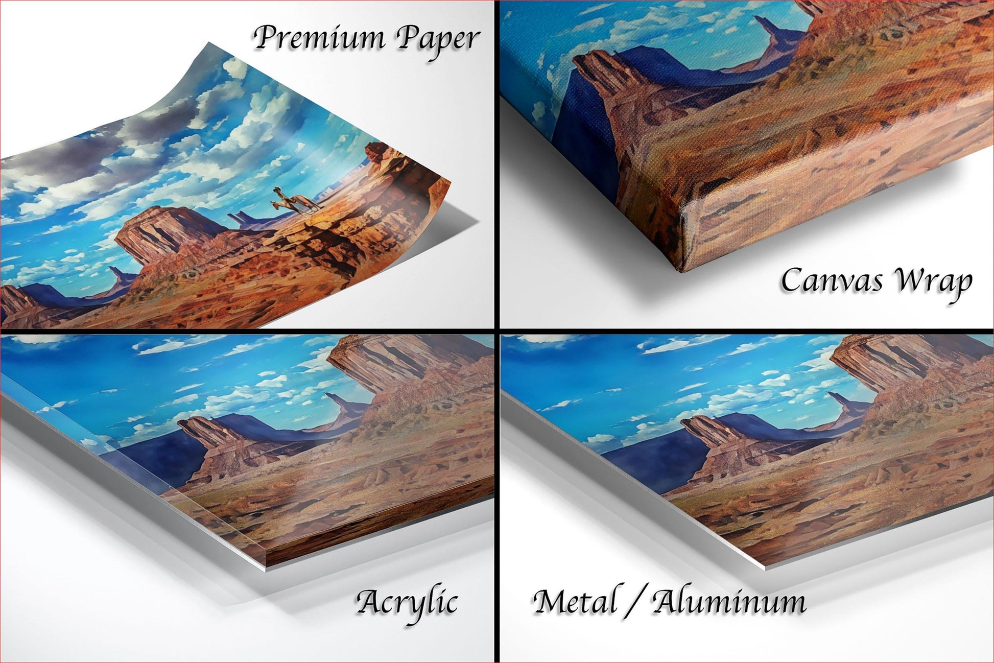 The image is a collage of four different images depicting a desert landscape, with each image labeled as either "Premium Paper", "Canvas Wrap", "Acrylic", or "Metal/Aluminum".