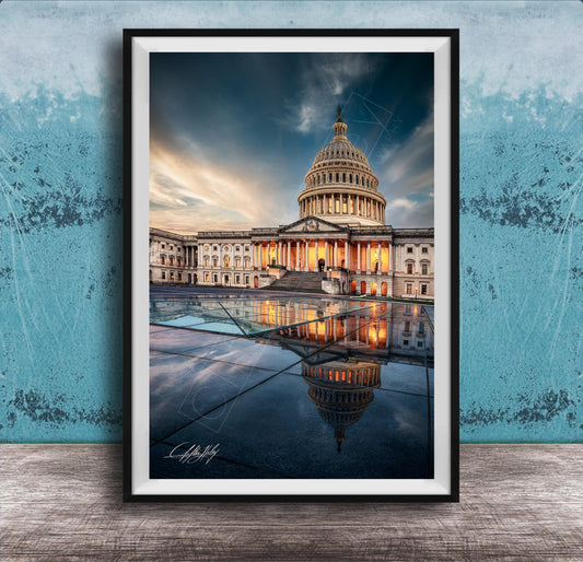 the United States Capitol building in Washington, D.C., with its iconic dome and columns illuminated against a dramatic sky.
